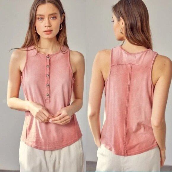 NWT MUSTARD SEED Washed Cotton Pink Henley Tank Top Sz S - Picture 1 of 2